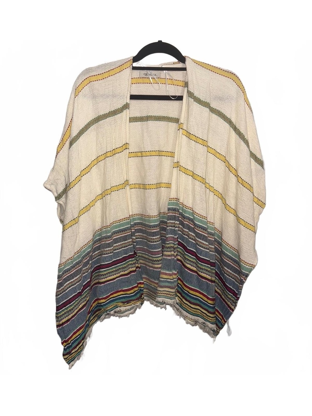 Quagga Cream Multicolor Striped Cotton Ruana Kimono Wrap Fringe Boho